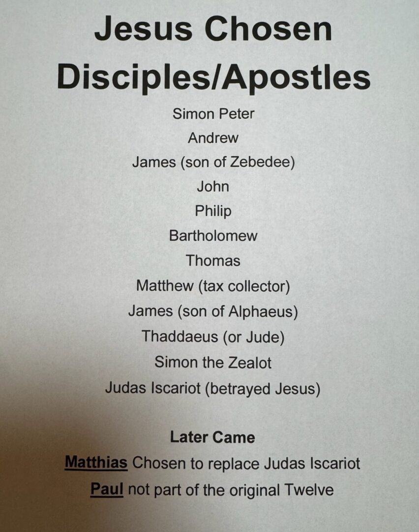 Printed list of Jesus' chosen disciples