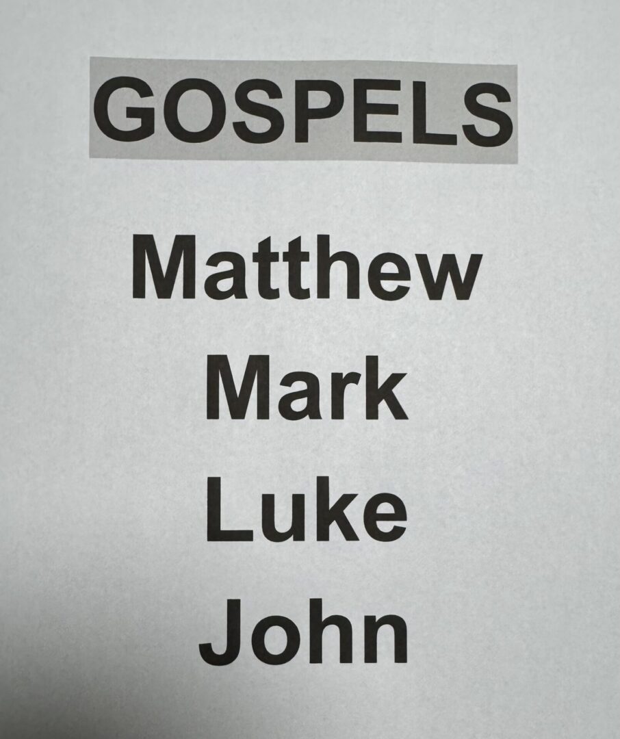 Four Gospels listed: Matthew Mark Luke John
