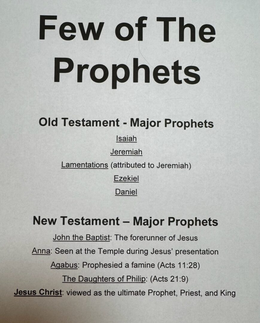 Printed page listing Old and New Testament prophets